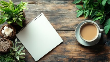A blank notebook and a cup of coffee on a clean desk, New Year's resolution list being written, minimalistic style 