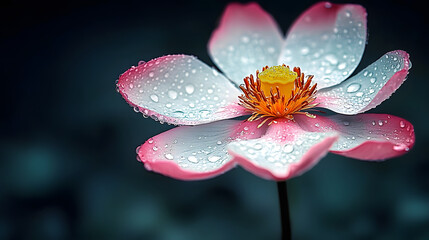 A pink and white flower with droplets on petals and a black stem with a yellow core