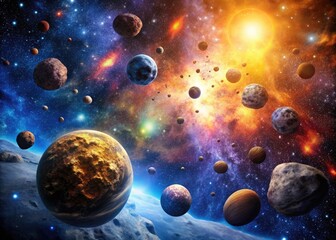 Naklejka premium Vast Asteroid Belt in Outer Space with Celestial Bodies and Cosmic Background of Stars and Nebulae