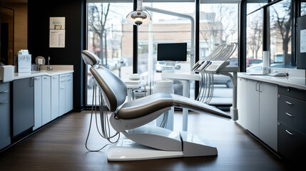 Modern dental clinic interior featuring a dental chair, overhead light, dental equipment, and cabinets with a large window providing natural light.