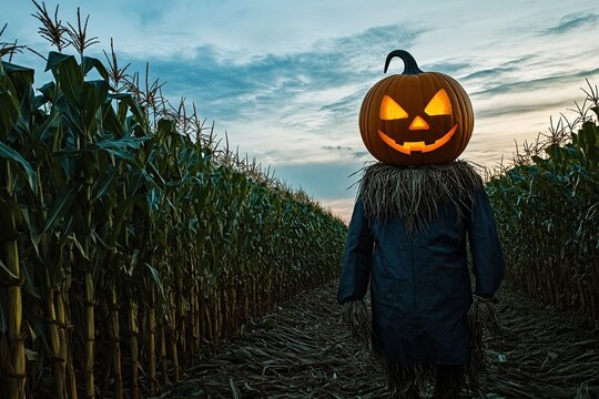 Person as scarecrow with jack-o'-lantern head in cornfield