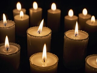 Group of white candles burning in the dark. White candles casting light in the darkness
