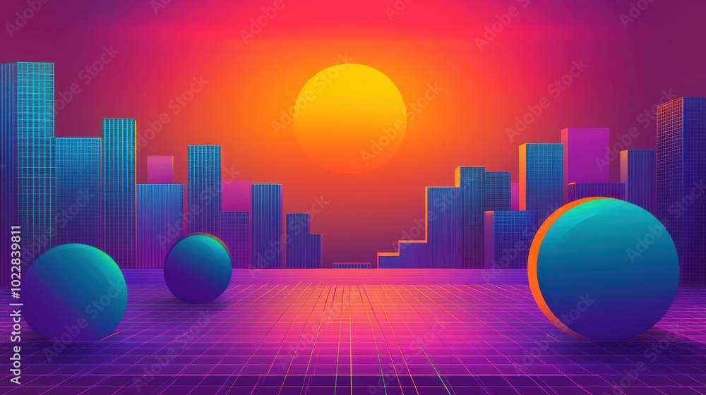 Wall mural A vibrant, abstract sunset scene with geometric shapes and a cityscape backdrop.