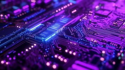 Obraz premium Dynamic blue and purple technology background with circuit board elements.