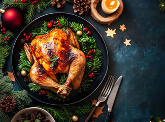 A beautifully decorated Christmas dinner table with an ornate plate of roasted chicken