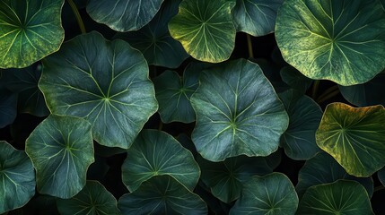 Close-up of large pumpkin leaves against a dark background