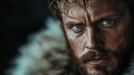 Obraz premium Close-up portrait of a rugged man with intense blue eyes, wearing a fur coat, conveying strength and determination against a dark, contrasting background.