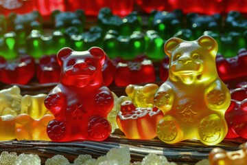 Two large gummy bears in red and yellow with smaller gummies in the background, creating a colorful and playful candy display.

