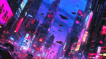 Futuristic cityscape with neon lights and flying vehicles.