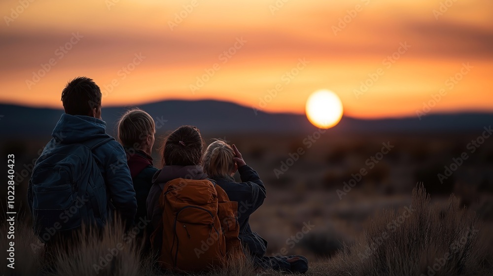 Sticker Group of four people sitting in grass watching a sunset over distant hills, wearing backpacks, captured from behind in a serene natural setting.