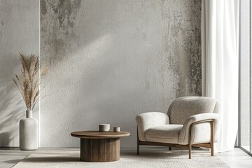 modern living room with an armchair and coffee table against the background of a blank wall for mockups, a minimalistic interior design concept. Web banner with copy space