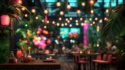 A colorful and lively tropical-themed restaurant scene, featuring vibrant decorations, lush greenery, and exotic cocktail drinks for a spirited dining experience.