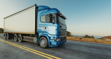 Fototapeta premium Truck on the highway Transport cargo in beautiful landscapes Suitable for shipping and transportation.