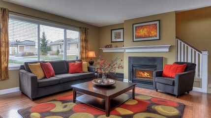 Fototapeta premium Elegant earth-toned living room with comfortable furniture, warm lighting, and abstract