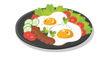 Fried egg dishes. Breakfast with fried egg, sausage, cucumber and tomato. Egg dish vector. Breakfast food clipart. Food clipart. Flat vector in cartoon style isolated on white background.