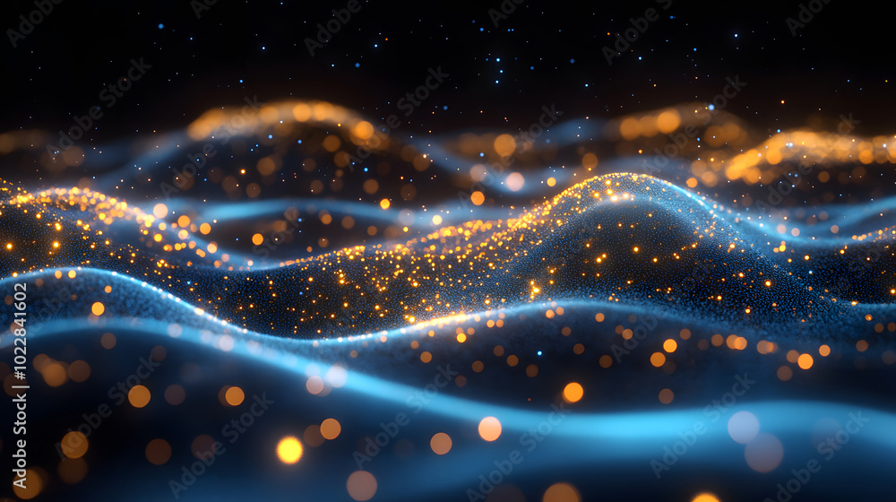 Poster a computer generated image of a wave of blue and gold lights on a black background with a black back