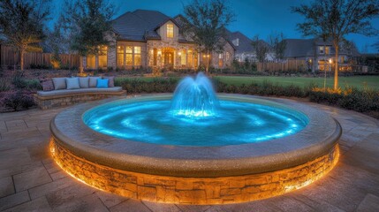 Obraz premium Elegant water feature with a waterfall fountain at the center of a modern outdoor home, creating a serene and luxurious atmosphere.