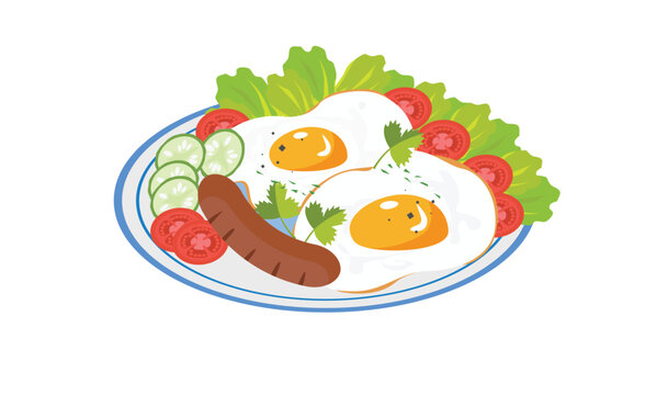 breakfast plate with fried eggs, sausage, vegetables clip art preview