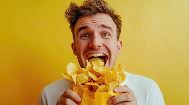 A hungry white man pounced on a bag of crispy golden potato chips on a yellow background. The concept of junk food. Fast food. The idea of happiness and enjoyment