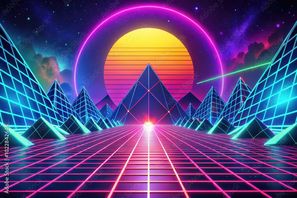 Poster vibrant 80s retro style background with neon colors and geometric patterns for nostalgic vibes