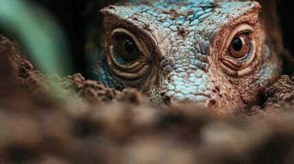 The image captures a lizard's eyes emerging from the soil, focusing on its intense, natural gaze that embodies awareness and the essence of the wild earth.