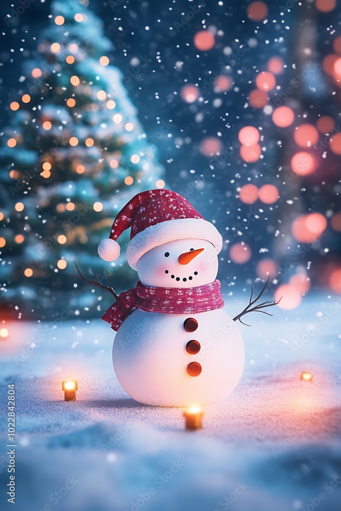 Poster new year's plot with a snowman, large snowflakes, a christmas : generative ai