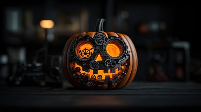 A whimsical steampunk pumpkin with glowing eyes and intricate gear designs, perfect for Halloween decor and themed events.