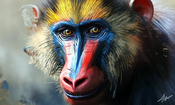 portrait of rare red-blue monkey with yellow eyes