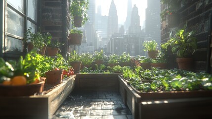 Vegetables and herbs are growing in wooden planters on a sunny urban rooftop garden with the new york city skyline in the background
