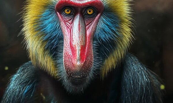 portrait of rare red-blue monkey with yellow eyes