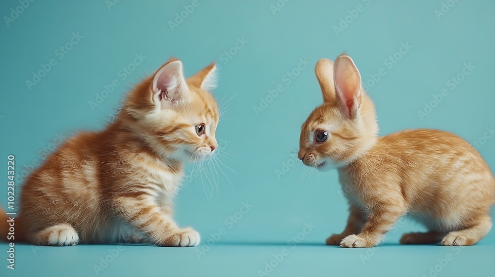 Poster ginger cat and rabbit playing together happy red pets isolated on blue : generative ai