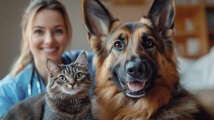 Cute German shepherd dog with cat and veterinarian on light background : Generative AI