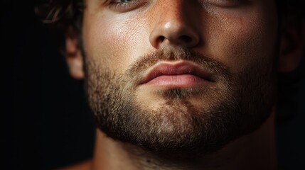 Fototapeta premium A striking close-up captures the rugged texture of a man's lips and beard, exuding masculinity and strength, highlighting the intimate details of facial hair.