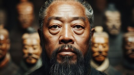 A man stands amidst terracotta warrior sculptures, reflecting an ancient connection to preservation, legacy, and historical achievements on a grand scale.