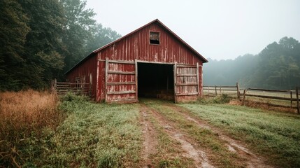Obraz premium A rustic red barn sits peacefully in a lush green field, symbolizing rural tranquility, simplicity, and the timeless beauty of countryside landscapes.