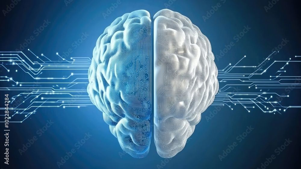 Poster futuristic ai concept with data streams and circuit-like connections forming an artificial brain.