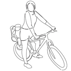 One continuous single drawing line art doodle mother, woman, bike, baby, family. Isolated flat illustration hand draw contour on a white background
