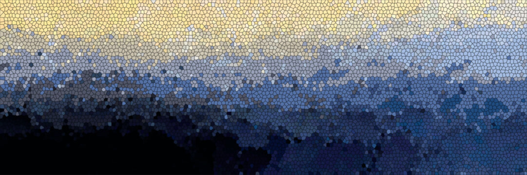 mosaic effect with a blended aqua blue, mustard yellow, and pale blue overlapping polygonal colors that create a textured appearance and form an indistinct wall mural in abstract form.	