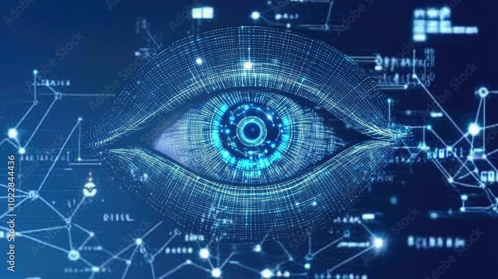 Poster futuristic concept of a glowing digital eye scanning through data within a high-tech tunnel, symboli