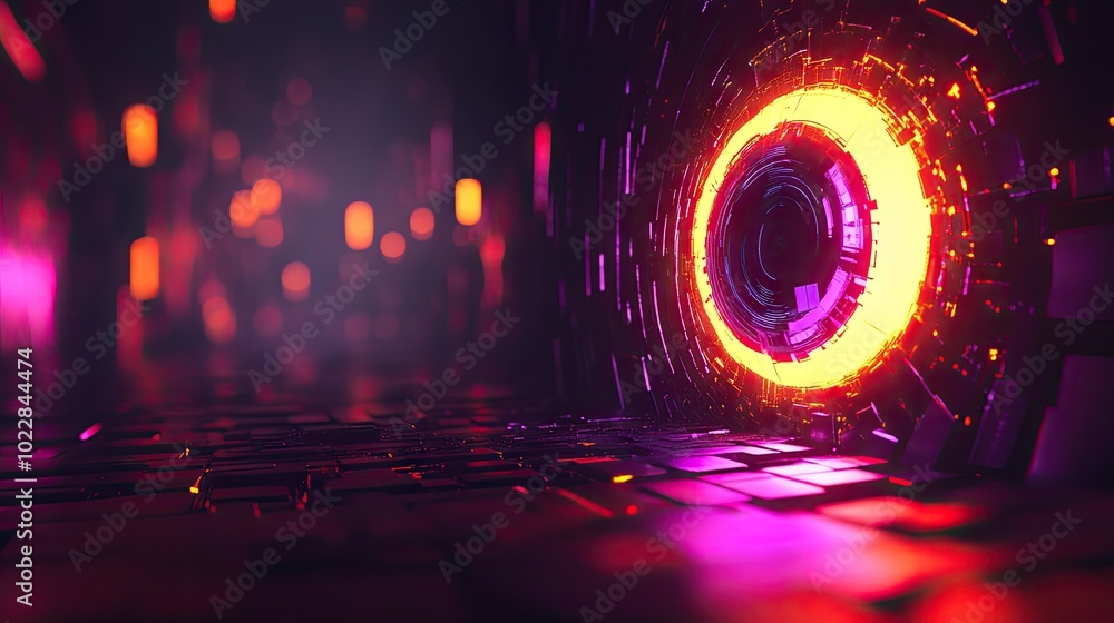 Poster futuristic concept of a glowing digital eye scanning through data within a high-tech tunnel, symboli