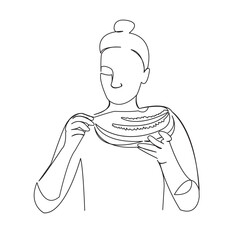 One continuous single drawing line art doodle outline, hand, watermelon, girl, fruit, happy, summer, food, nutrition. Isolated flat illustration hand draw contour on a white background
