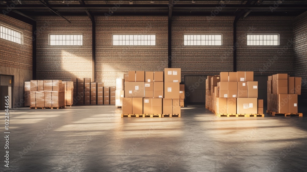 Poster futuristic warehouse with augmented reality overlays, showing package identification for picking and