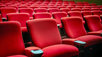 Fototapeta premium Empty red theater seats arranged in rows awaiting audience