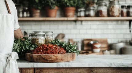 A chef is captured preparing a vibrant herb and salsa plate in a light-filled kitchen, emphasizing skillful culinary artistry and attention to detail in field of cooking.