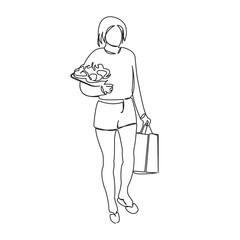 One continuous single drawing line art doodle girl, bag, fashion, trendy, purchase, buyer. Isolated flat illustration hand draw contour on a white background
