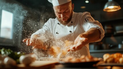A passionate chef in a professional kitchen dramatically tosses up flour, with particles suspended in the air, captured mid-motion, adding flair to culinary art.