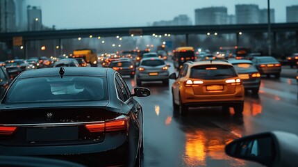 Heavy traffic on a wet city road during evening rush hour with illuminated car lights and blurred urban background