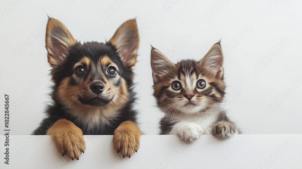 Poster pets store concept puppy dog and pet cat together showing a placard display isolated on white backgr