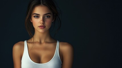 Fototapeta premium Beautiful woman in white T-shirt Female breast dark background