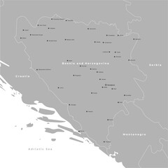 Fototapeta premium Vector modern illustration with authors vision. Simplified map in grey color of Bosnia and Herzegovina. Border with nearest states Serbia, Croatia and etc. Names of cities